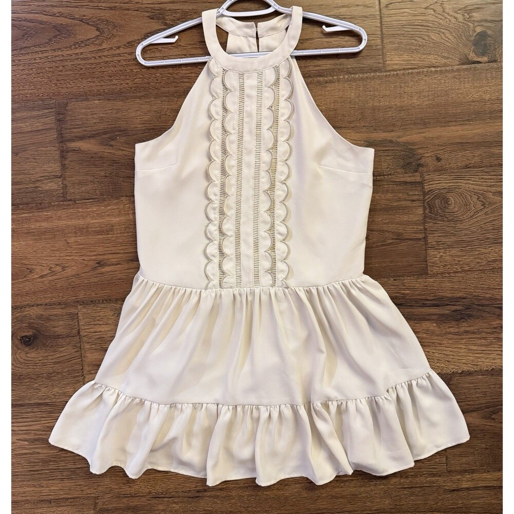 Express Ivory Scalloped Trim Halter Mini Dress Womens Small Sleeveless Lined